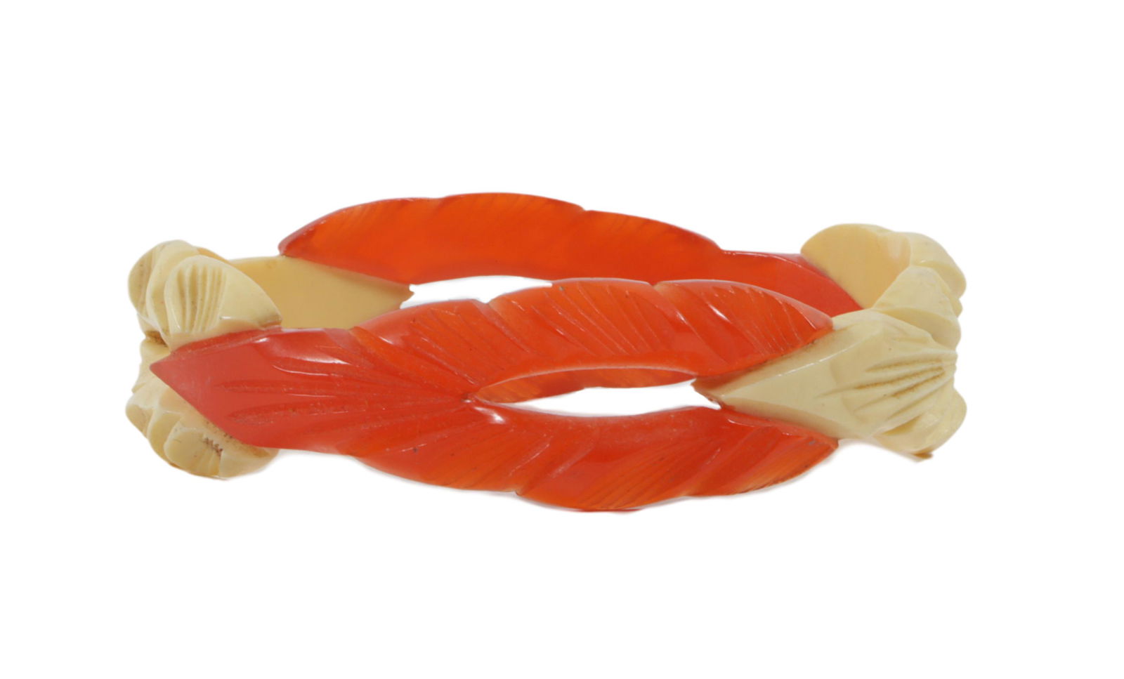 Early plastic pierce carved red and cream bangle bracelet with laminated interlocking leaf design 2 (1 of 5)