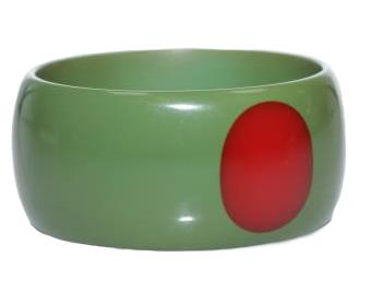 Olive green chunky wide artisan Bakelite bangle with large red polka dots 3"diam. (1 of 4)
