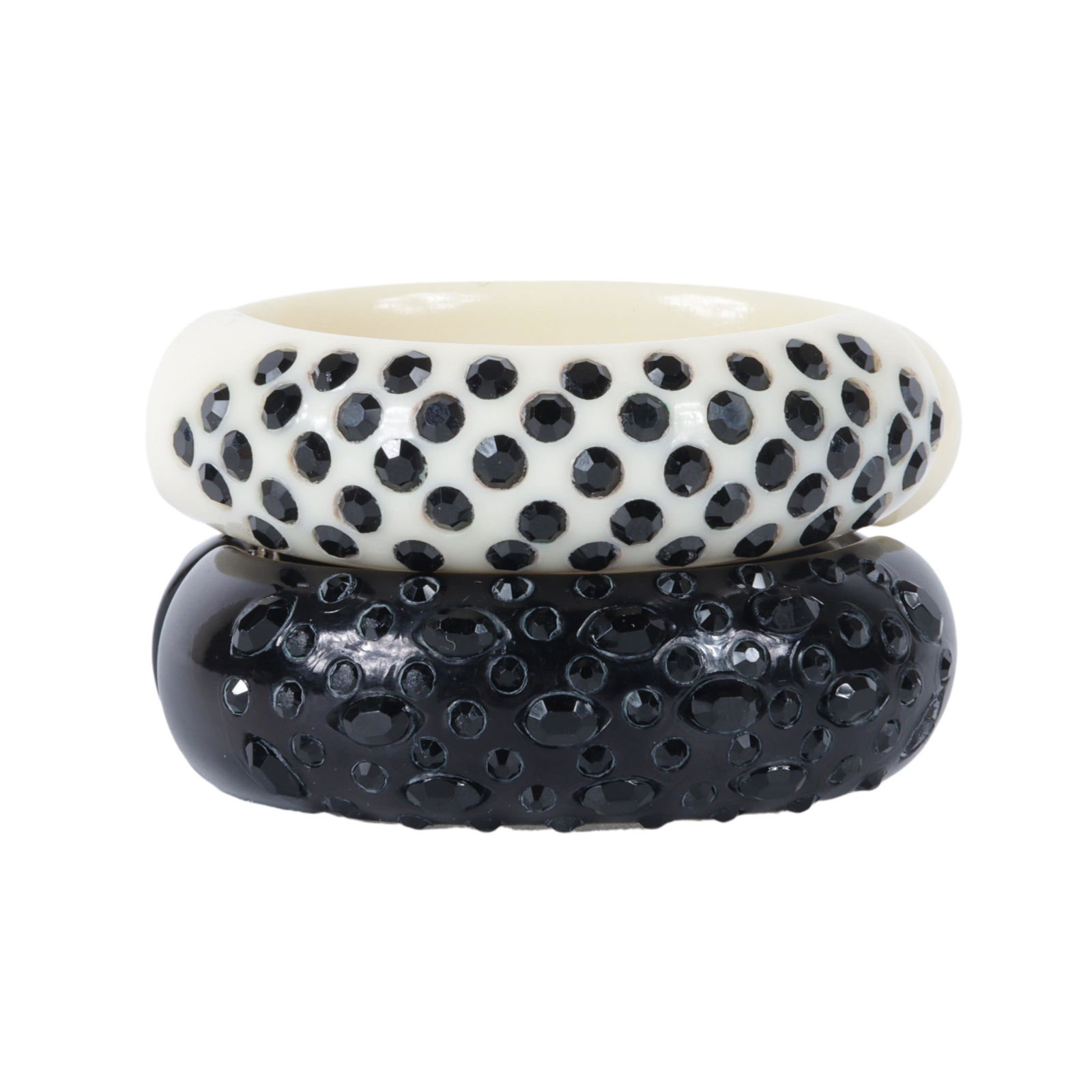 Two vintage Weiss? 1950s early plastic clamper cuff bracelets with black rhinestones 2 1/2"inner W (1 of 6)