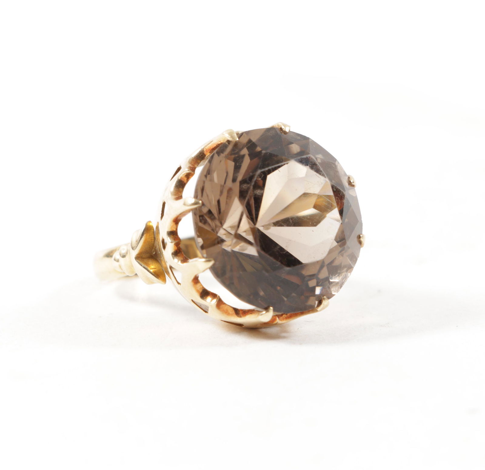 14K yellow gold and very large round smokey quartz gemstone ring Size 7 (1 of 6)