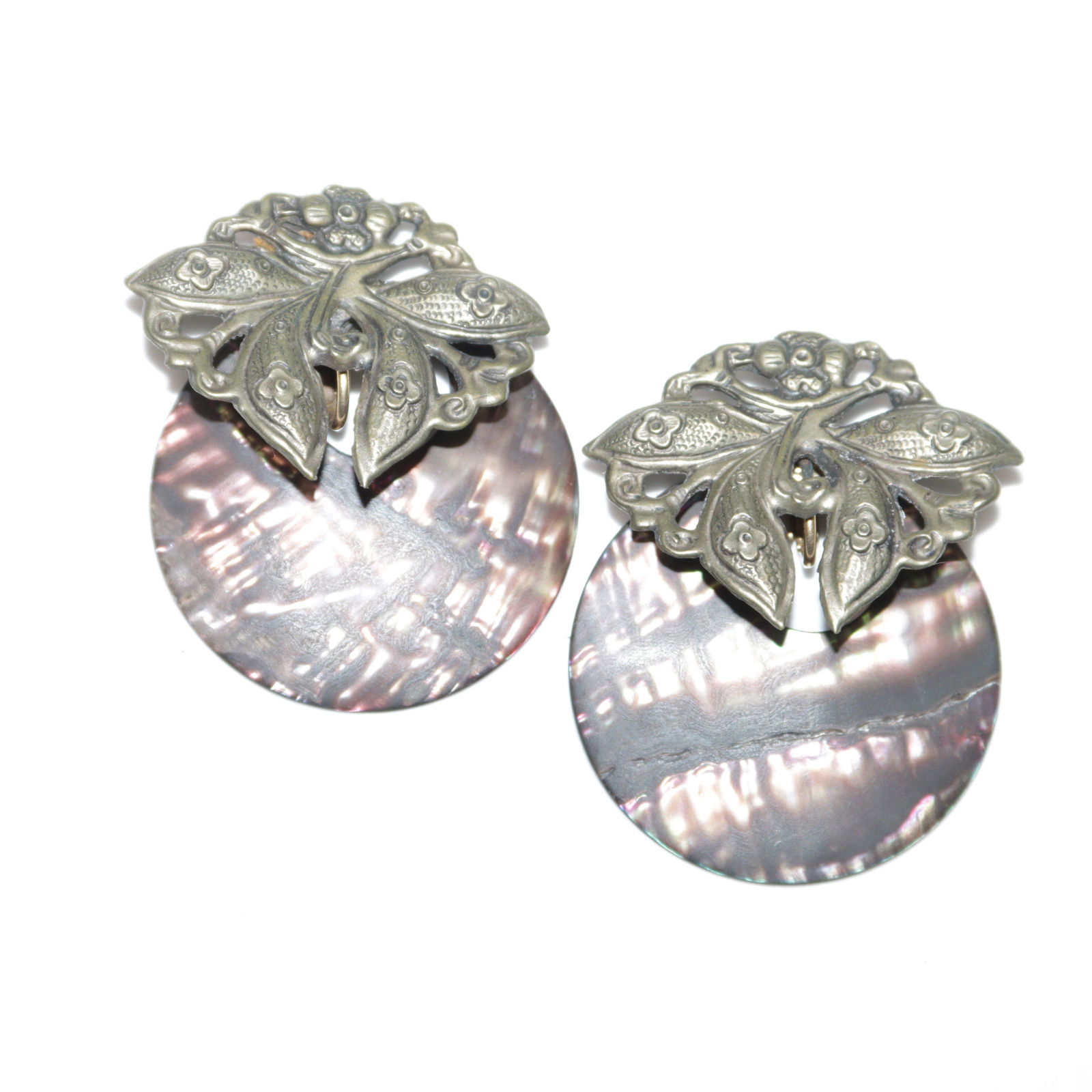 Stephen Dweck unsigned 14K gold filled embossed Asian inspired moth floral earrings with round: Stephen Dweck unsigned 14K gold filled embossed Asian inspired moth floral earrings with round abalone disc enhancers 2 1/2"H x 2'W