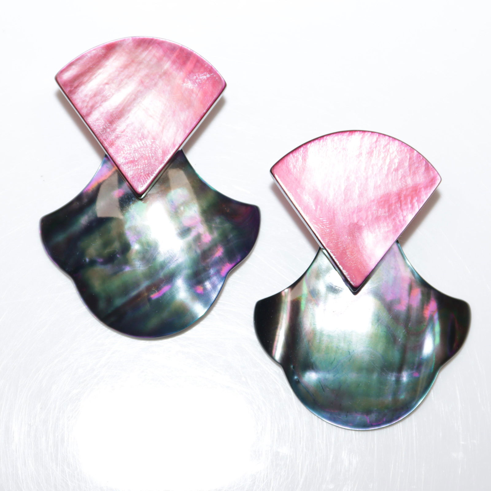 Stephen Dweck pink dyed geometric abalone and sterling silver earrings with shaped enhancers 2 1/2"H: Stephen Dweck pink dyed geometric abalone and sterling silver earrings with shaped enhancers 2 1/2"H x 2"W