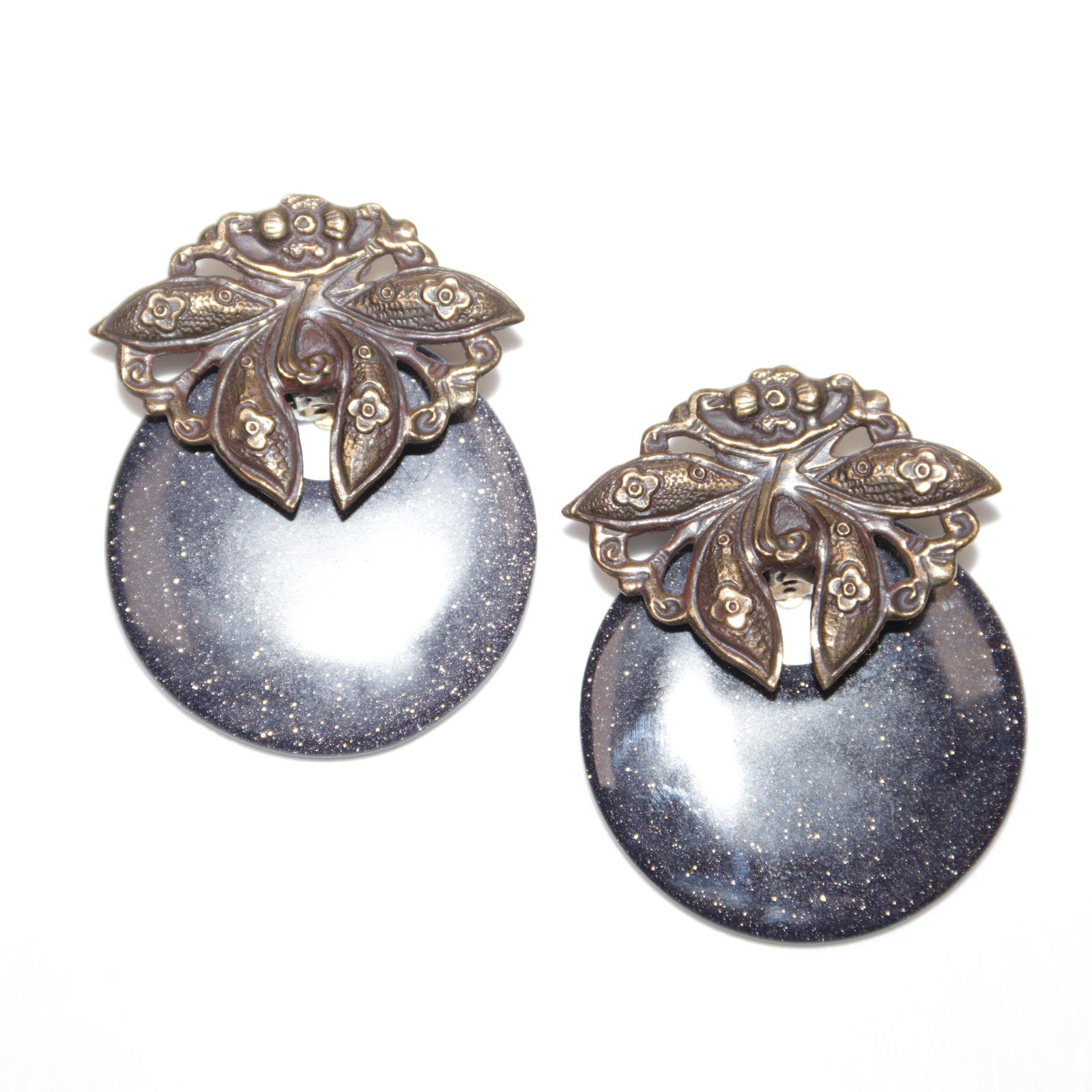 Stephen Dweck embossed sterling silver vermeil Asian inspired moth floral earrings with round purple: Stephen Dweck embossed sterling silver vermeil Asian inspired moth floral earrings with round purple stone disc enhancers 2 1/2"H x 1 3/4"W