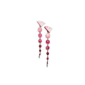 Stephen Dweck sterling silver fuchsia dyed bone beaded shoulder duster earrings with box. 6"H x 1: Stephen Dweck sterling silver fuchsia dyed bone beaded shoulder duster earrings with box. 6"H x 1 3/8"W