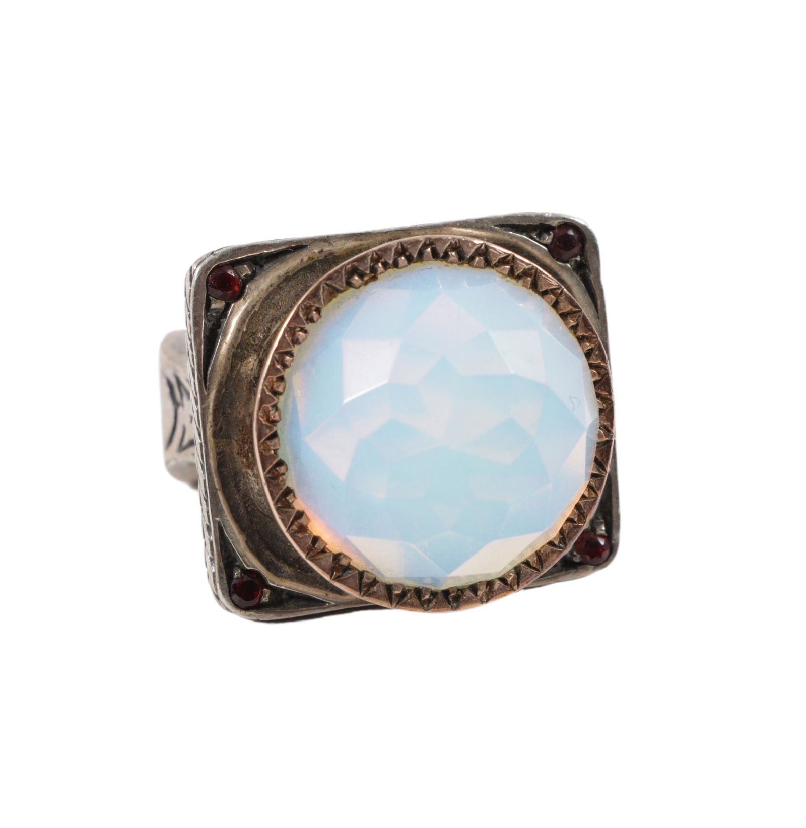 Sterling silver designer 925 ring with large faceted moonstone and red jewels, signed "Neta" Size 7 (1 of 8)