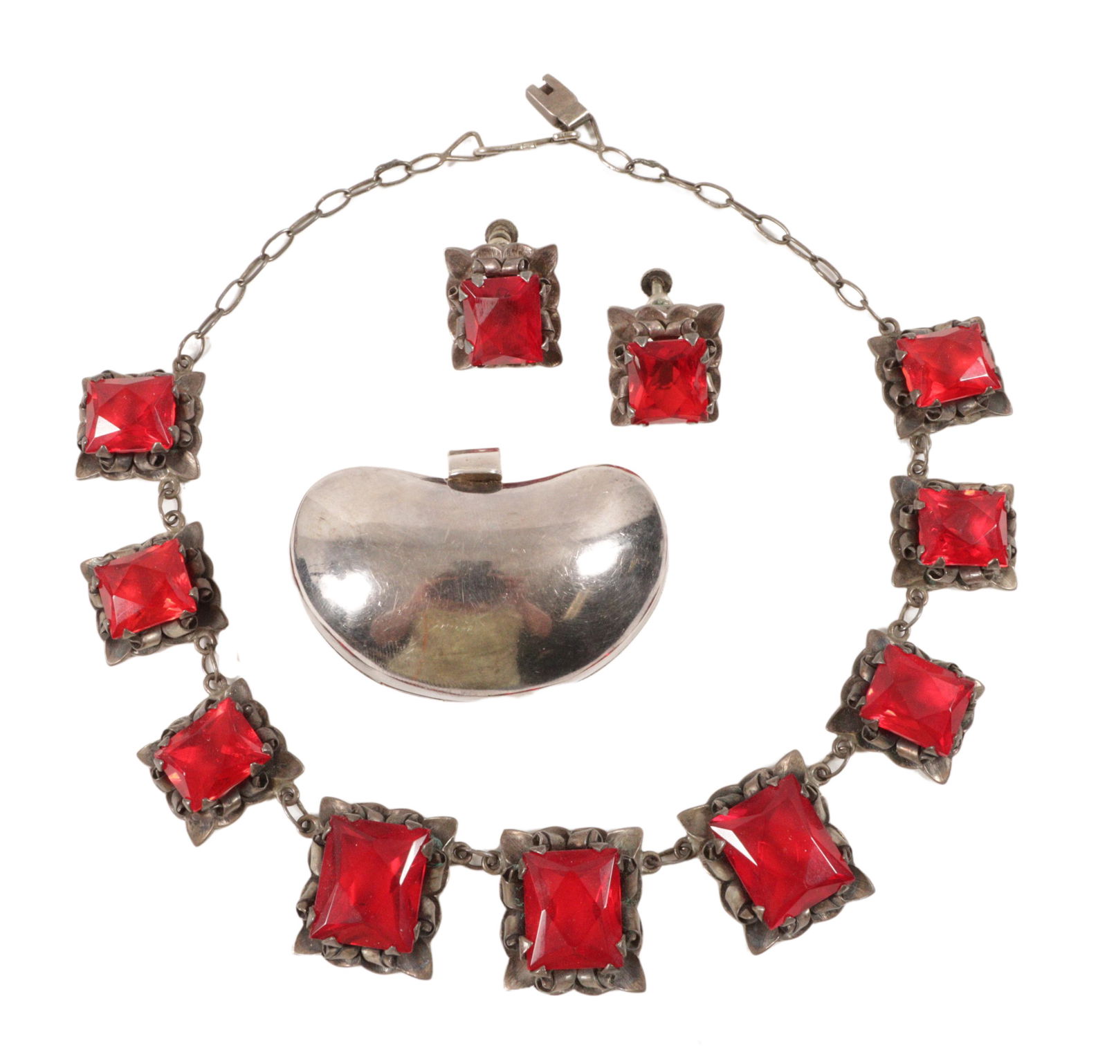 Gonzalo Moreno Mexican sterling silver necklace and earrings set with large RED jewels a Taxco (1 of 12)
