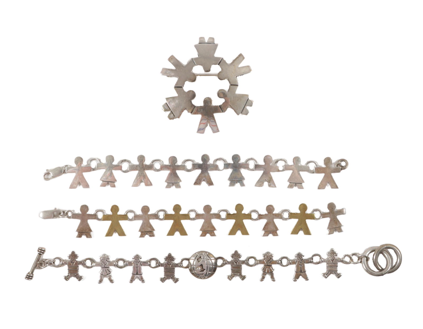4pc jewelry group; Taxco Mexican sterling silver brooch and bracelet with world globe, two other (1 of 12)