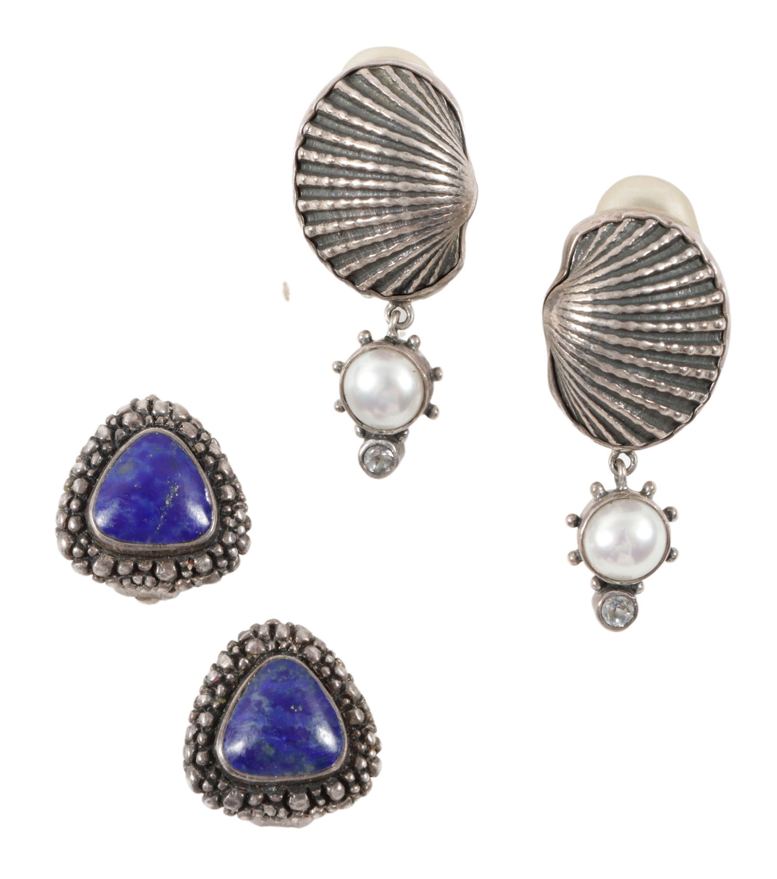 Sterling silver earrings 2pc group; M marked designer shell earrings with pearl dangles, and (1 of 7)