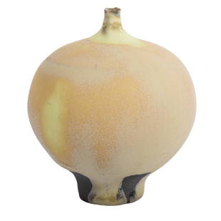 Rose Cabat, American (1914-2015), Feelie, studio pottery vase, matte orange / yellow drip glaze, 2: Rose Cabat American (1914-2015) Feelie studio pottery vase, matte orange / yellow drip glaze Signed under base. 2 3/4"H x 2 1/4"Diam.