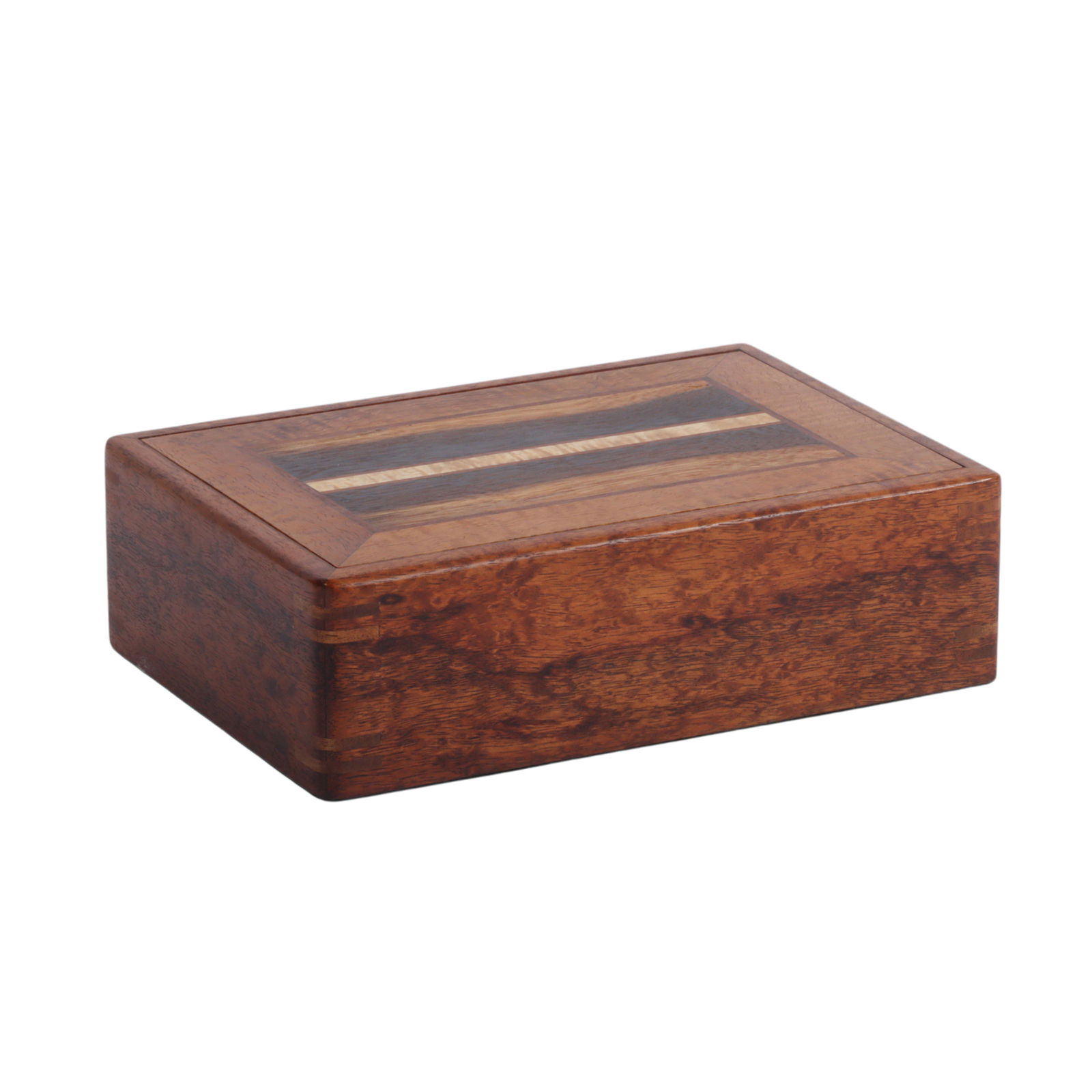 American studio artisan hinged exotic woods wooden box with inlay 2 3/8"H x 8 1/4"W x 5 3/4"D (1 of 9)