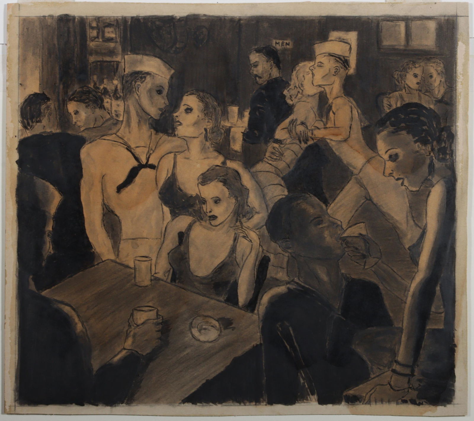 World War II era tavern scenic figural ink wash drawing with women and sailors. Sheet size: 282 x (1 of 10)