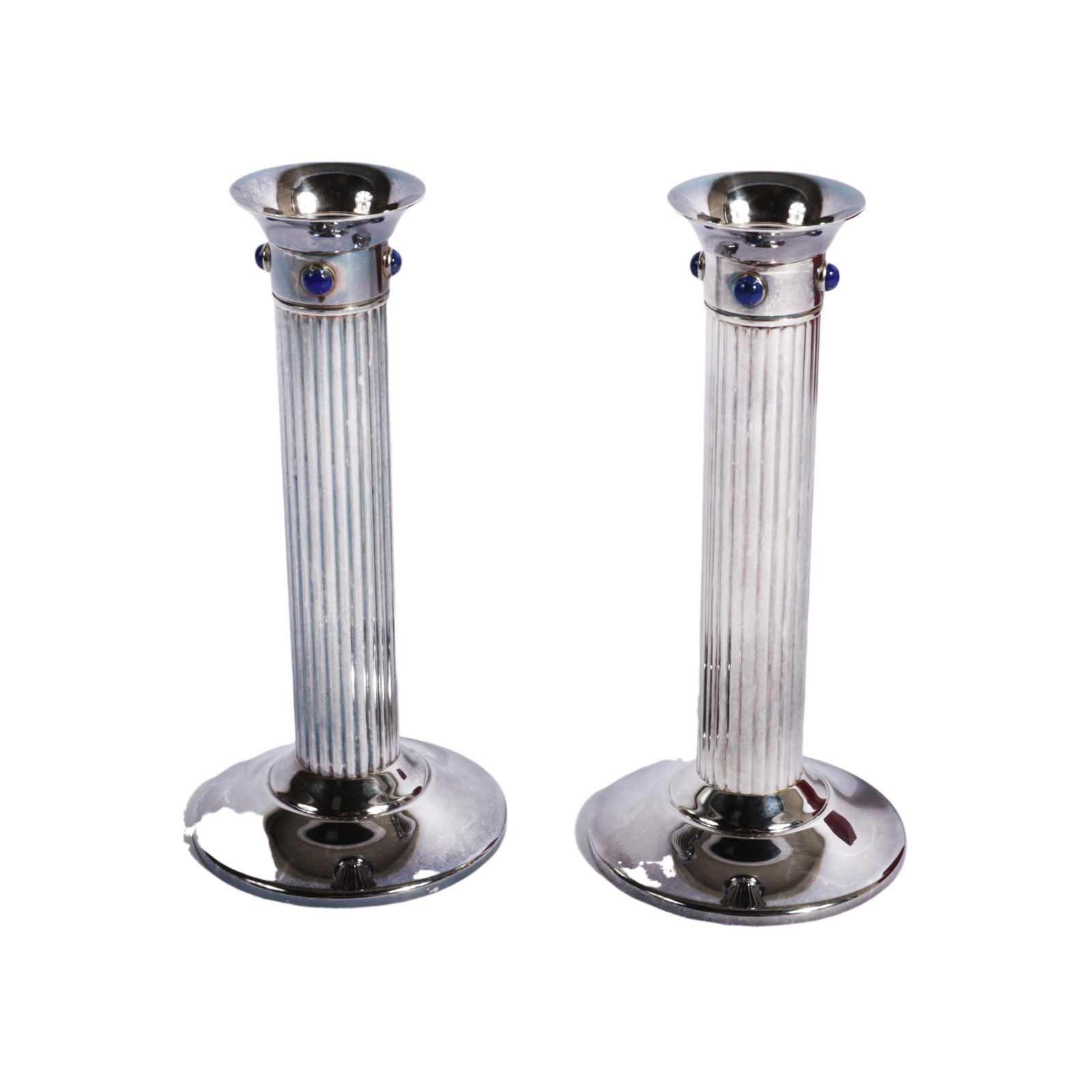 Cartier silver plate fluted candlesticks with lapis cabochons. 6 1/4"H x 3"Diam. (1 of 13)