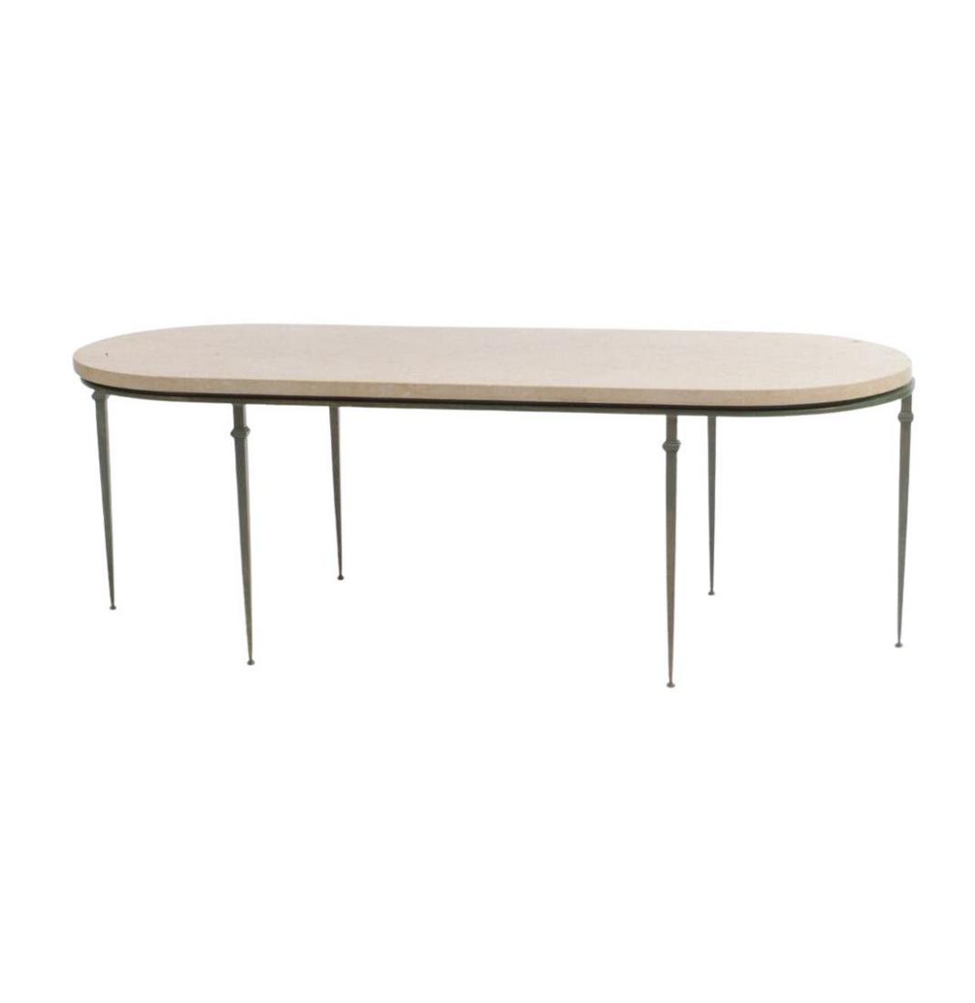 French Moderne travertine marble top iron base coffee table with green enamel, manner of Andre: French Moderne travertine marble top iron base coffee table with green enamel, manner of Andre Arbus, ca. 1940. 16"H x 47"W x 18 1/2"D