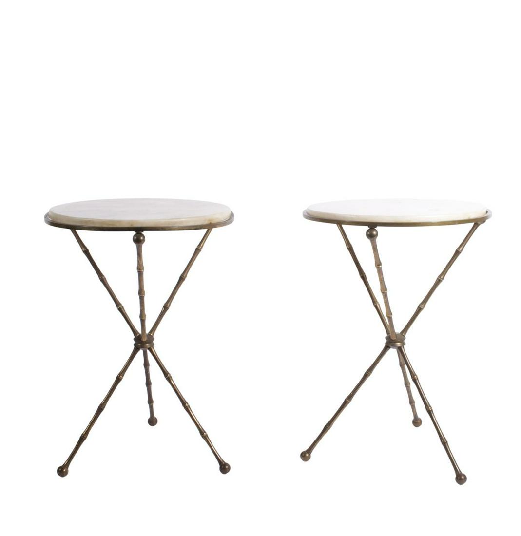 Pair Maison Bagues style brass faux bamboo tripod marble top side tables. 13 1/2"H x 16 7/8"Diam (1 of 13)