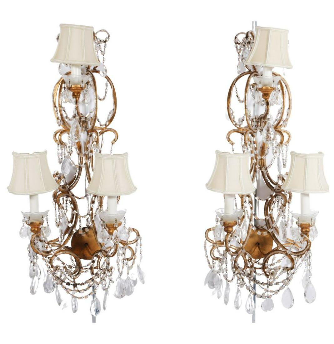 Pair of French crystal beaded 3 light gilt bronze chandelier wall sconces, with hanging prisms. 30"H (1 of 15)