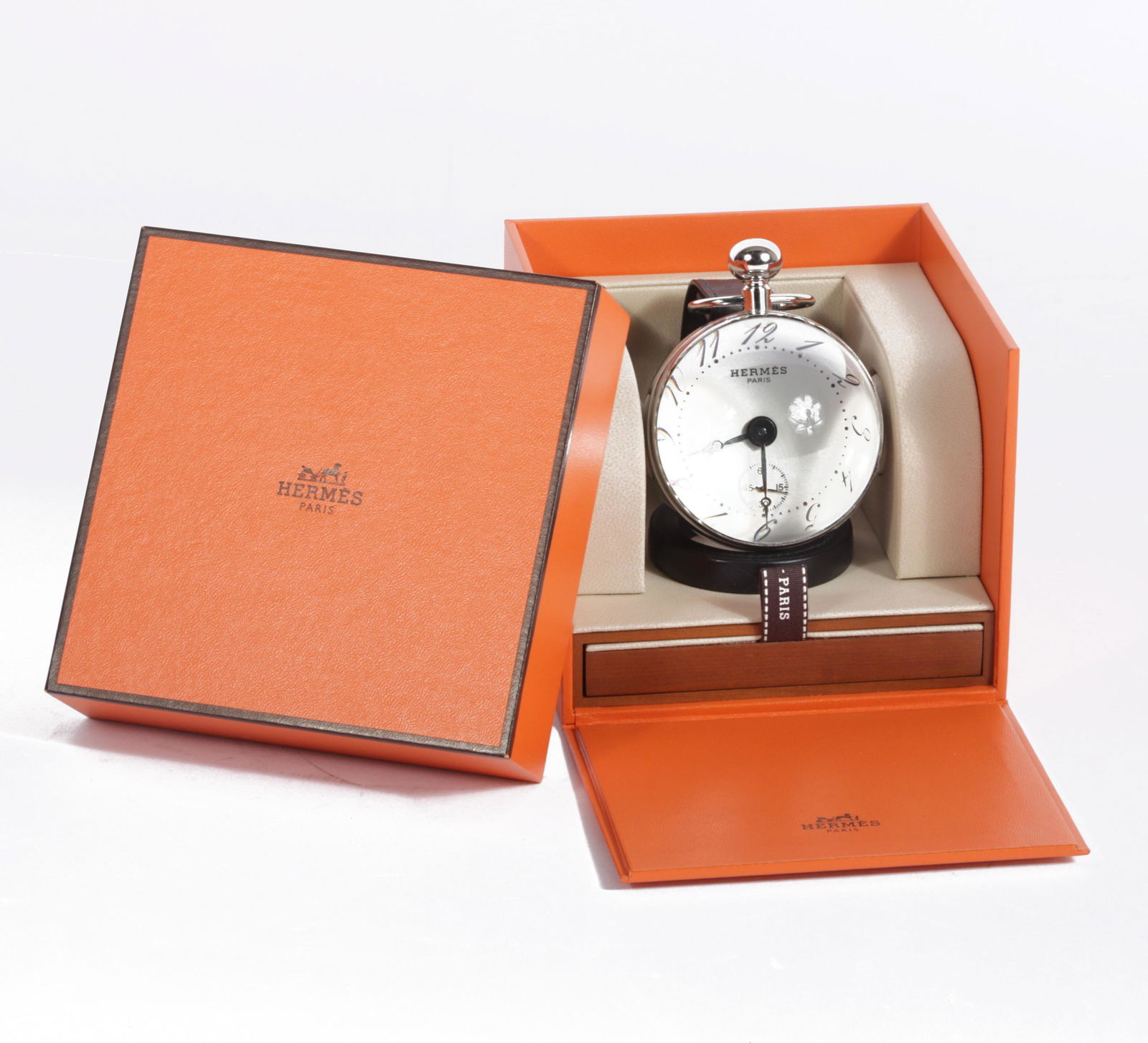 Hermes Paris Boule pendulette crystal ball desk clock on black leather stand with box 3 1/2H" x 2 (1 of 12)