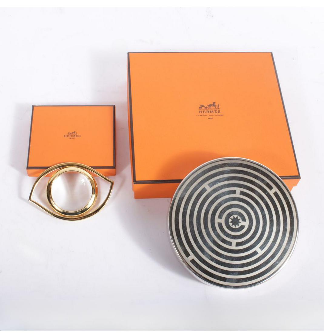 Lot of 2 Hermes desk accessories: Oeil eye of Cleopatra golden brass magnifying glass, 1 1/4"H x 5 (1 of 12)