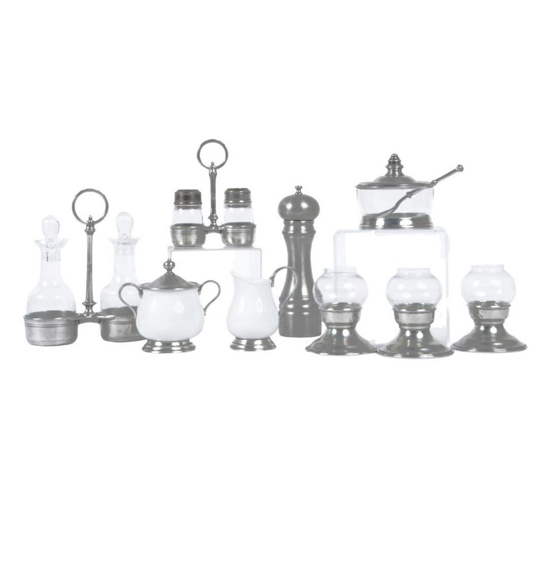 Arte Italica pewter serveware 9pc set: Tavola small salt and pepper with caddy, pepper grinder, 8: Arte Italica pewter serveware 9pc set: Tavola small salt and pepper with caddy, pepper grinder, Tavola covered bowl with spoon, 3 Giovanna tealite votives, Tuscan sugar and creamer set, and Tavola med
