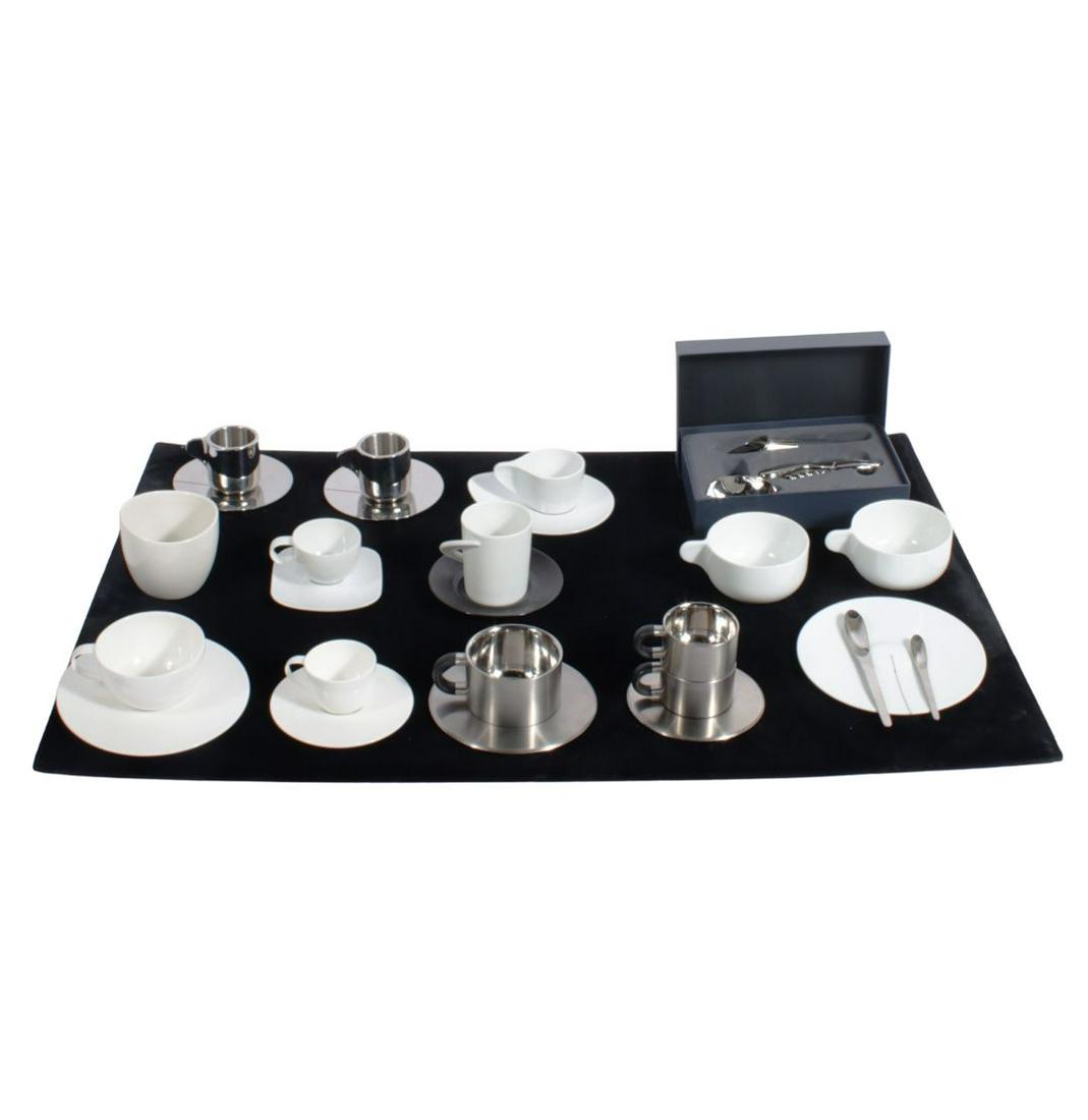 Lot of 27 modern designer coffee service: Georg Jensen, Rosenthal, WMF 3 1/8"H x 3 5/8"Diam. (George: Lot of 27 modern designer coffee service: Georg Jensen, Rosenthal, WMF Georg Jensen 2 chromium espresso cup and saucer, 2 white cups, 1 plate with 2 demitasse spoons, 1 bone white cup, and 1 boxed bar