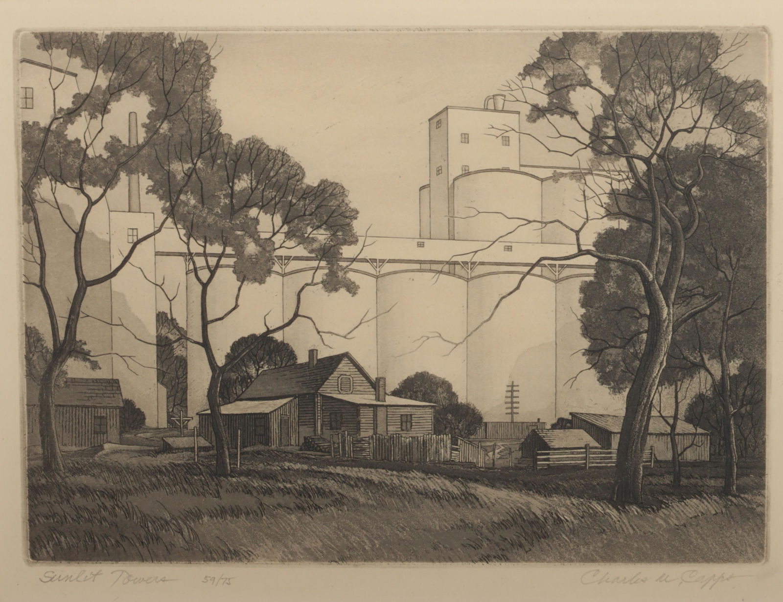 Charles Merrick (Chili/Chile) Capps, Kansas, Illinois (1898 - 1981), Sunlit Towers, etching, 6 1/2"H (1 of 9)