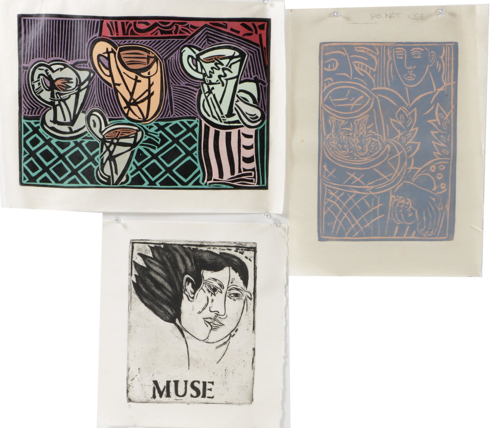 James "Jim" Sampson, Indiana (1939-2021), Muse / coffee cups / woman and goldfish, intaglio print /: James "Jim" Sampson Indiana (1939-2021) Muse / coffee cups / woman and goldfish intaglio print / color linocut All three have certificate of authenticity verso. From his Obituary: Jim was born Jan. 3,