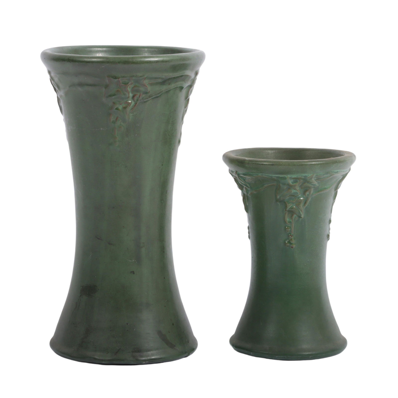 Lot of 2 Peters and Reed matte green arts & crafts pottery corseted vases with carved ivy motif. (1 of 11)
