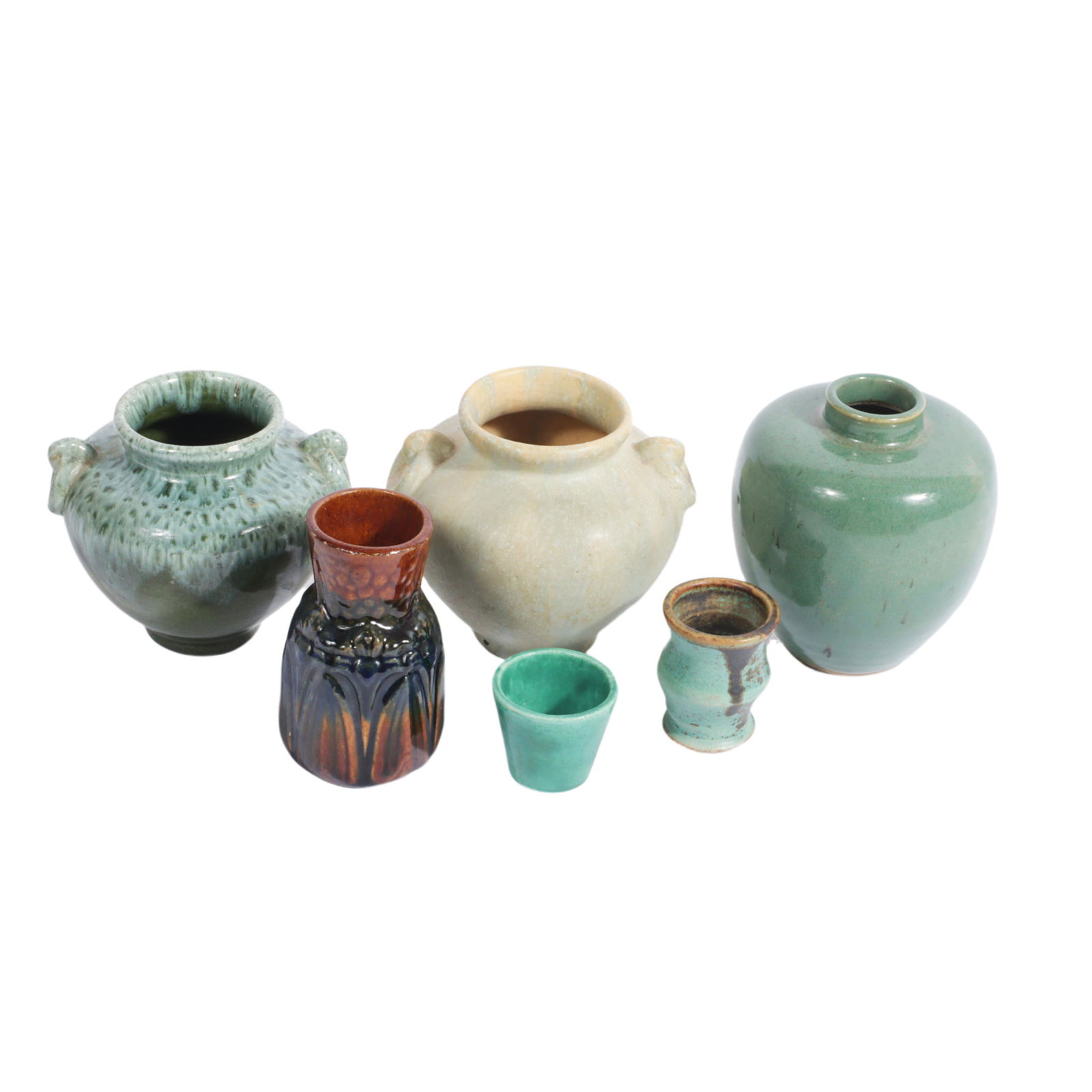 Lot of 6 American art pottery: glazed green vase, green drip glaze ceramic vessel with door knocker (1 of 9)