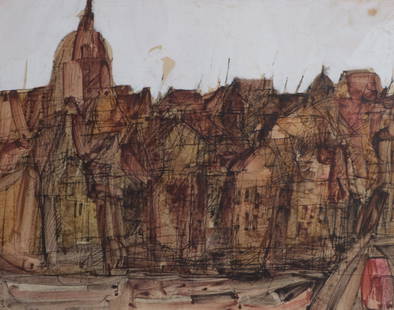 Robert Andrew Parker, New York (b. 1927), cityscape, 1956, watercolor/mixed media on paper, 14â€H x: Robert Andrew Parker New York (b. 1927) cityscape, 1956 watercolor/mixed media on paper Signed and dated lower left. Back side signed and dated 1955. Biography from the Archives of AskArt: Born 1927,