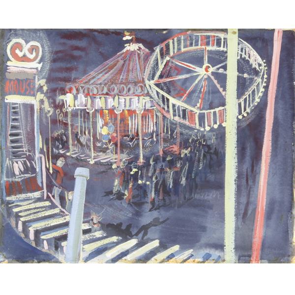 Fran Croshier, American (20th century), night at the fair, mixed media, 9"H x 11 1/2"W (1 of 6)