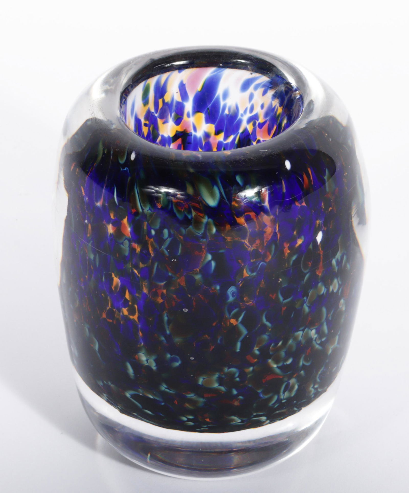Signed American studio art glass cased paperweight vase handblown with shades of blue, yellow, and: Signed American studio art glass cased paperweight vase handblown with shades of blue, yellow, and red 5 3/8"H x 4"Diam.