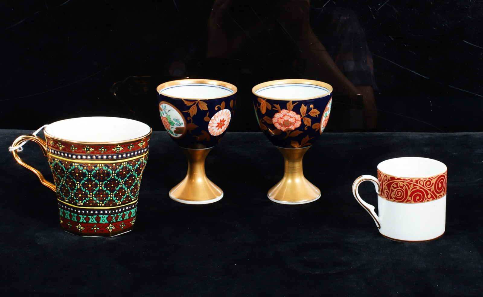 Lot of 4 porcelain cups: Thai Benjarong hand-painted mug, 2 Japanese Arita Ware goblets, 3 1/8"H x 3 (1 of 16)