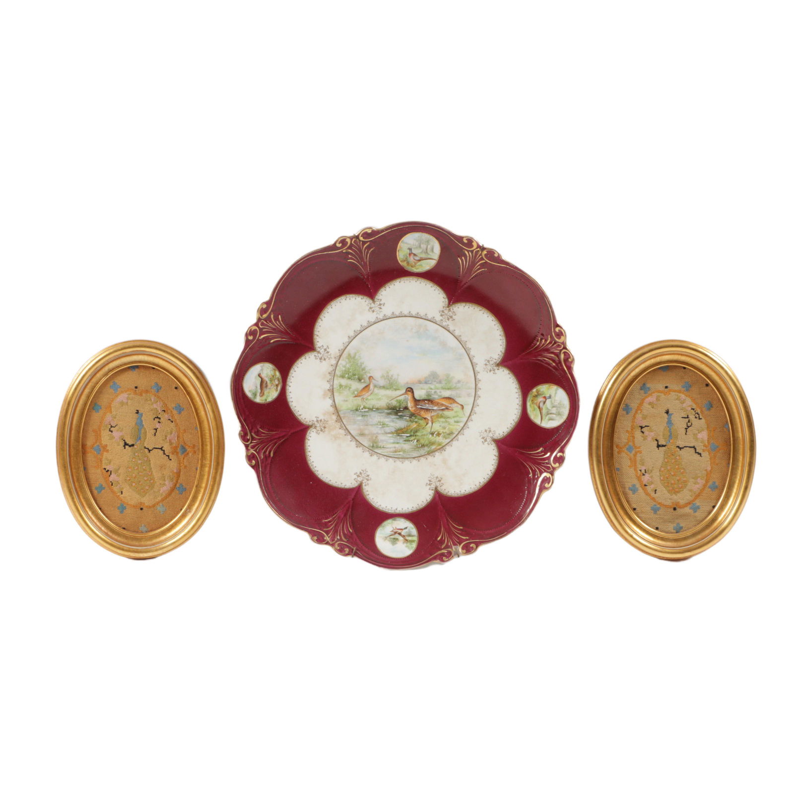 Pair of framed peacock needlepoints and Stinthal China hand painted game bird porcelain charger (1 of 9)