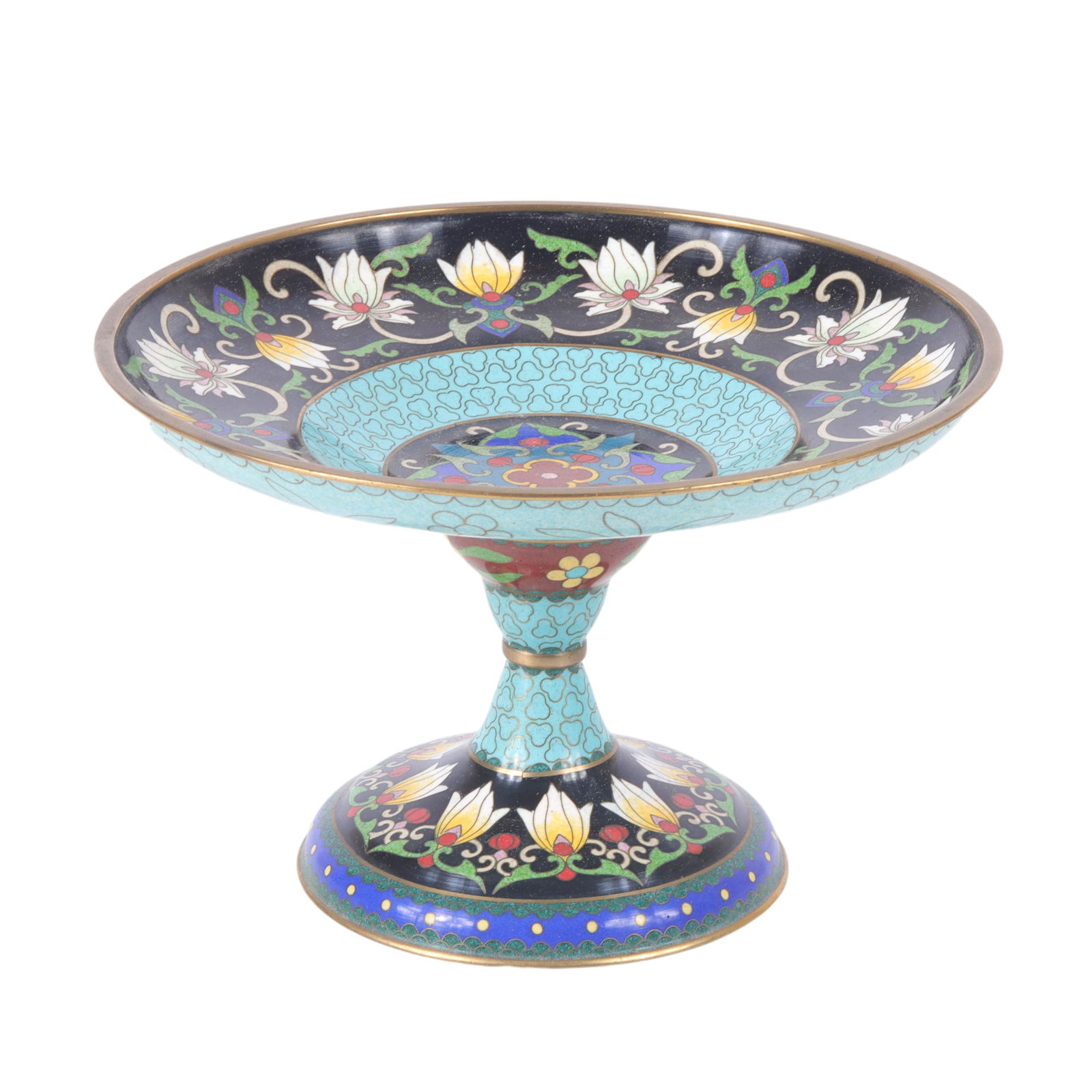 Chinese bronze cloisonnÃ© enamel compote stem dish stand with flowers on turquoise blue and black (1 of 5)