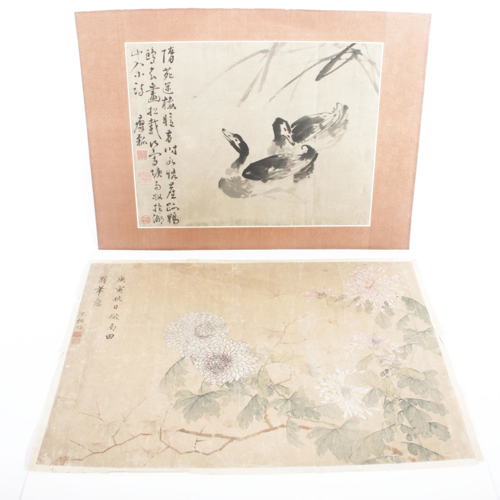 Lot of 2 Japanese ink and watercolor wash scroll paintings: chrysanthemums and ducks 18" x 24" (1 of 20)