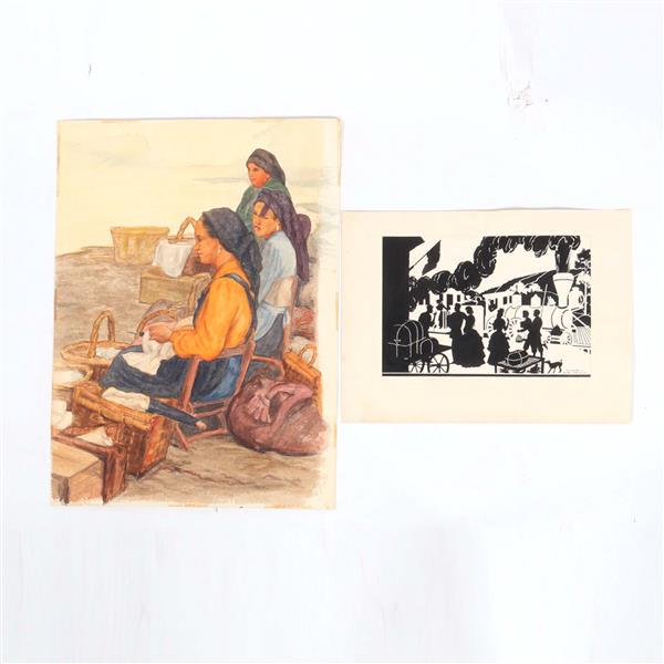 Jane Messick, (Indiana, 1908-1986), Two works, Basket Sellers, watercolor on paper, Train Station,: Jane Messick (Indiana, 1908-1986) Two works, Basket Sellers, watercolor on paper, Train Station, silhouette ink on paper both signed. 23 3/4"H x 17 1/2"W (larger)