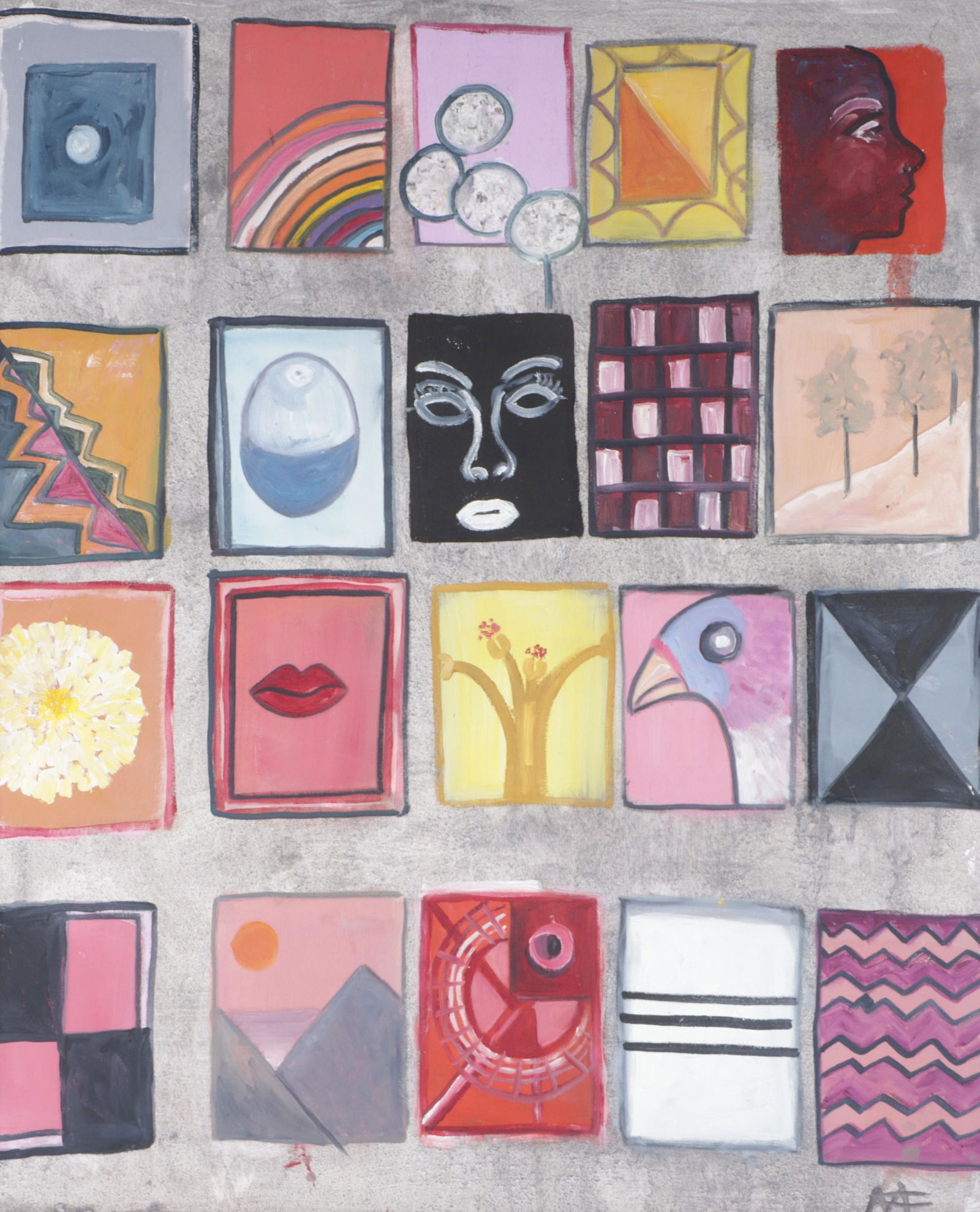 Mae Alice Engron, Indiana (1933-2007), geometric and figural tiles, oil on canvas, 46"H x 37"W (1 of 12)