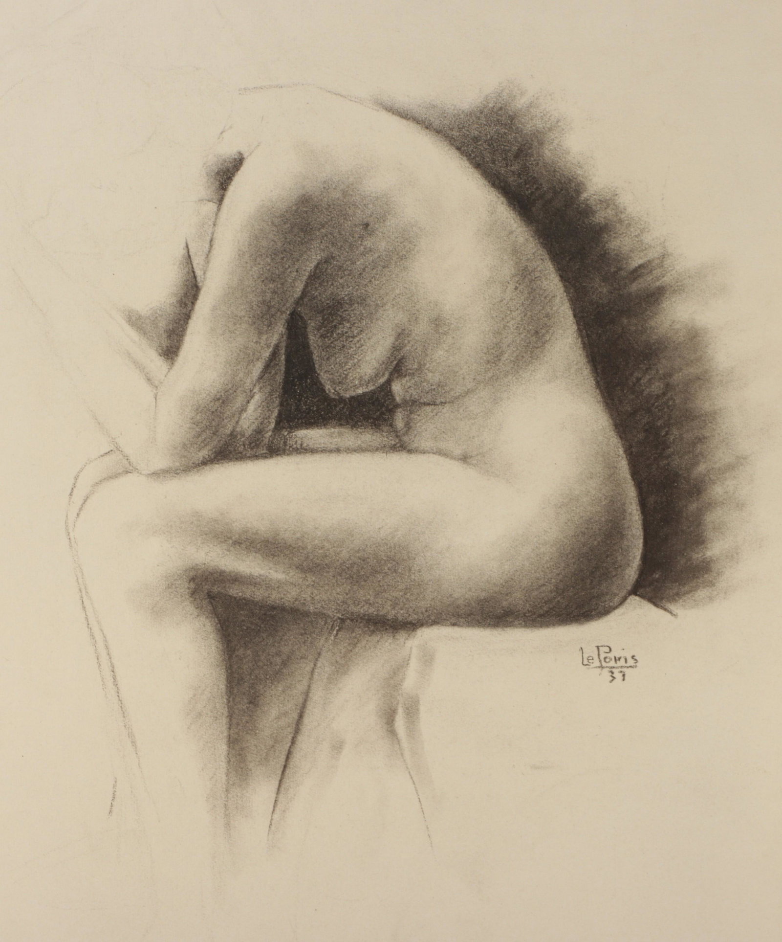 Bernard Franklin Leporis, (20th Century), female nude study, 1937, charcoal on paper, 25"H x 19"W: Bernard Franklin Leporis (20th Century) female nude study, 1937 charcoal on paper Signed and dated middle right. 25"H x 19"W