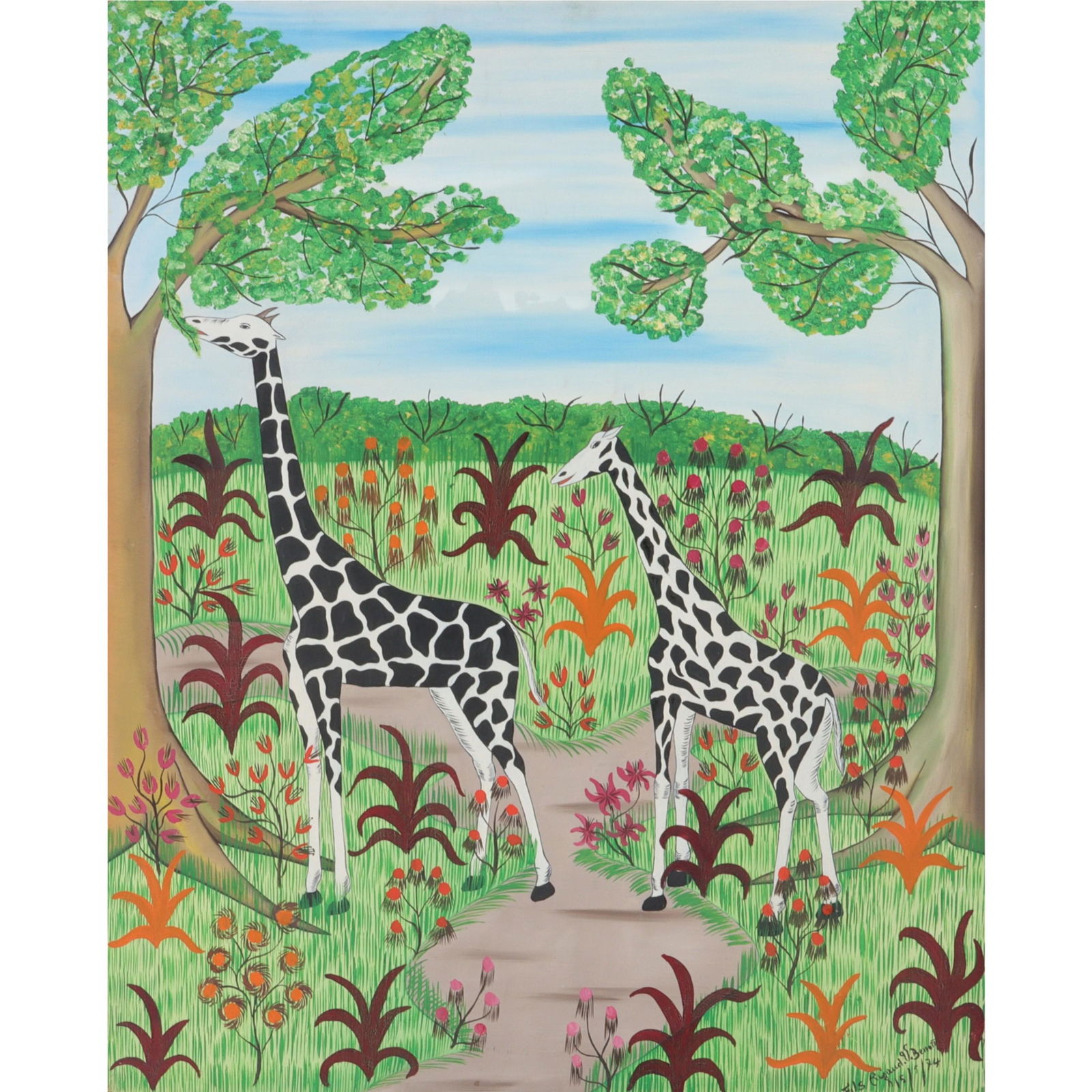 Fils Rigaud Benoit, Haiti (20th Century), Giraffes, 1974, oil on canvas, 30"H x 24"W, 36 1/4"H x 30 (1 of 7)