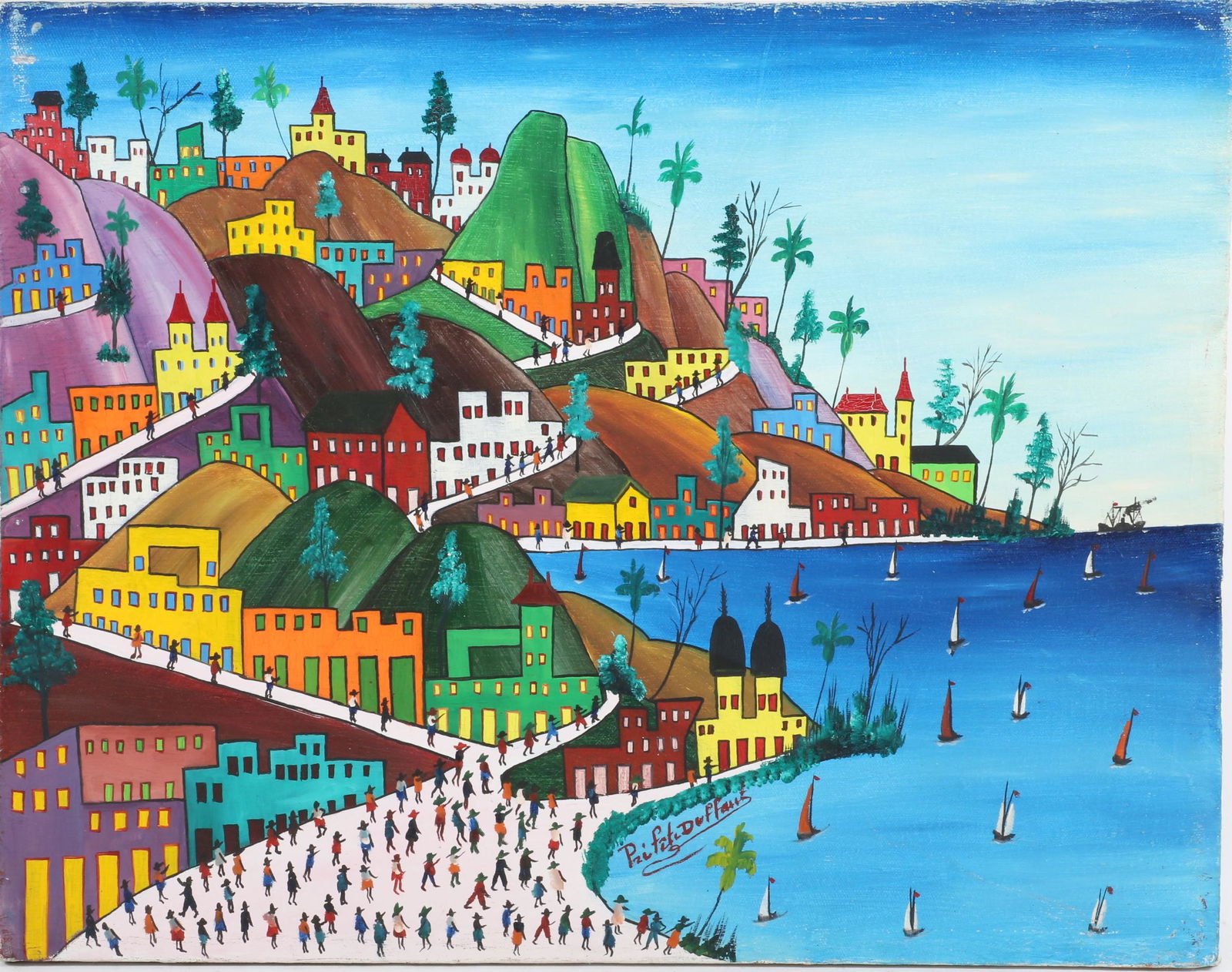 Prefete Duffaut, Haitian (1923-2012), coastal cityscape, acrylic? on canvas, 16 1/2"H x 21"W (1 of 7)
