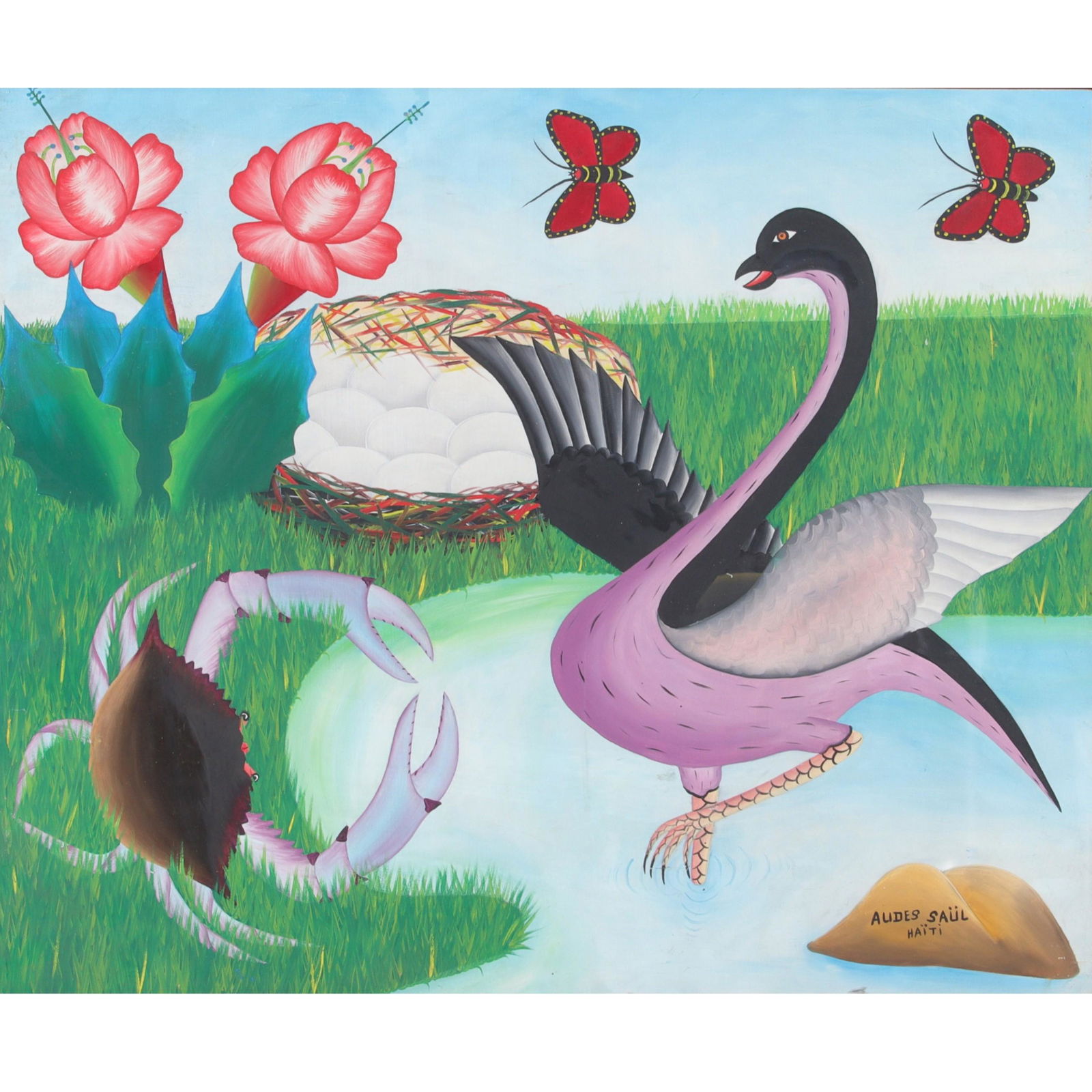 Audes Saul, Haiti (b.1949), Black Swan and Crab, Oil on masonite, 20"H x 24"W, 21"H x 25"W (frame) (1 of 9)