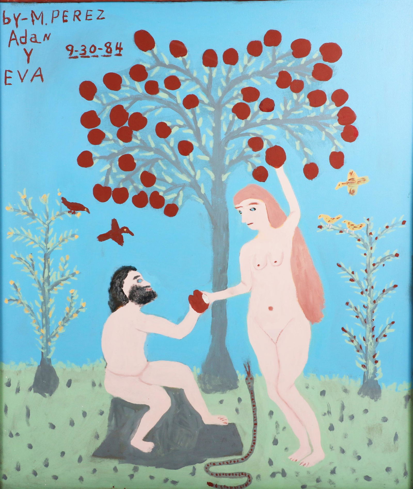Miguel Perez, (20th century), Adan Y Eva, 1984, outsider artist, 41 1/2"H x 35 1/2"W, 44 3/4"H x (1 of 8)
