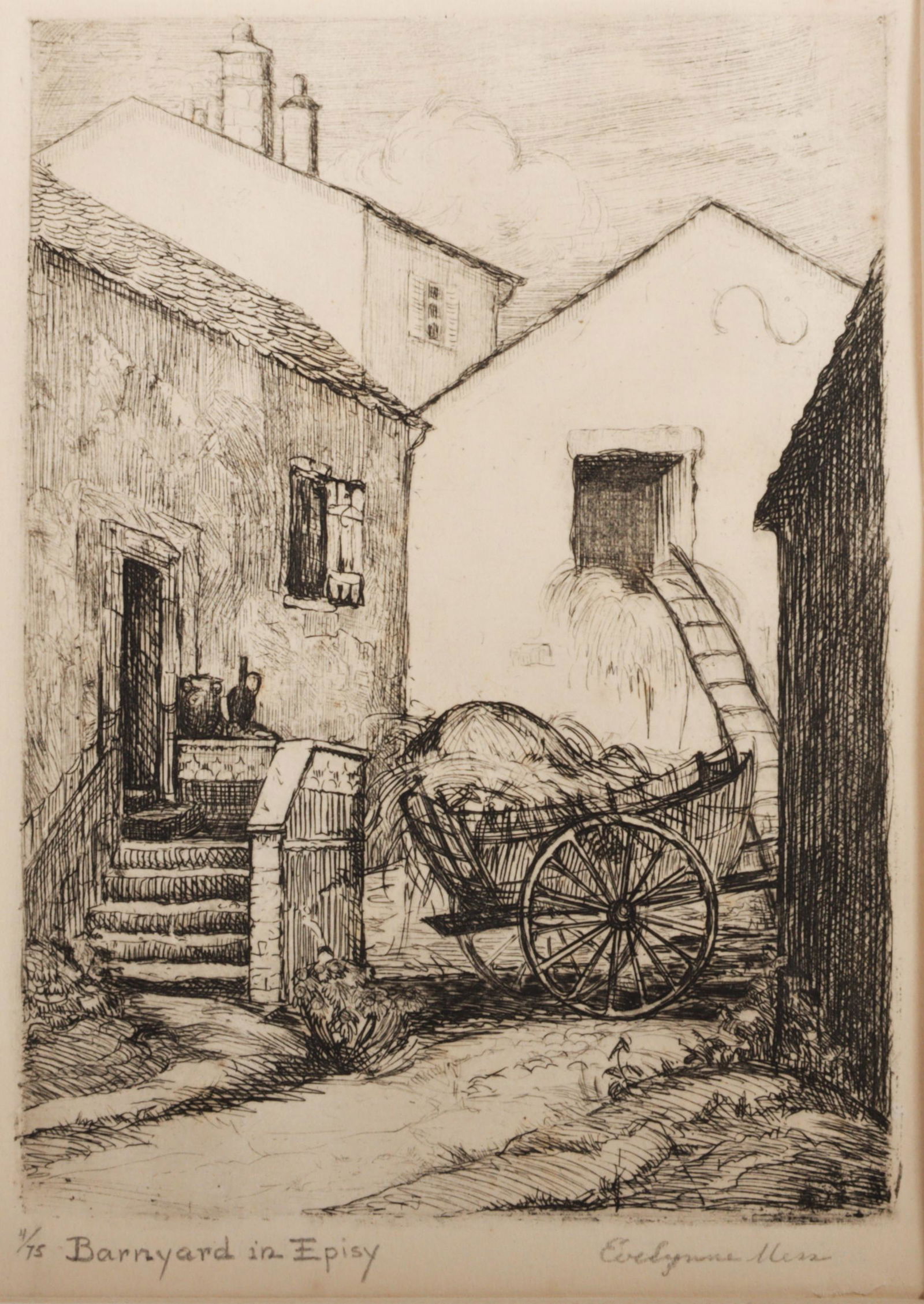 Evelynne Mess Daily, Indiana (1903-2003), Barnyard in Episy, etching, 6 1/4"H x 4 1/2"W (sight), (1 of 9)