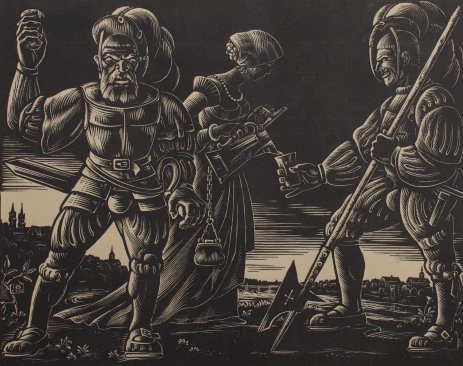 Hans Mueller, German (1888-1963), Soldiers from Basel, woodcut, 7 1/2"H x 9 1/2"W (image), 10 3/4"H (1 of 11)