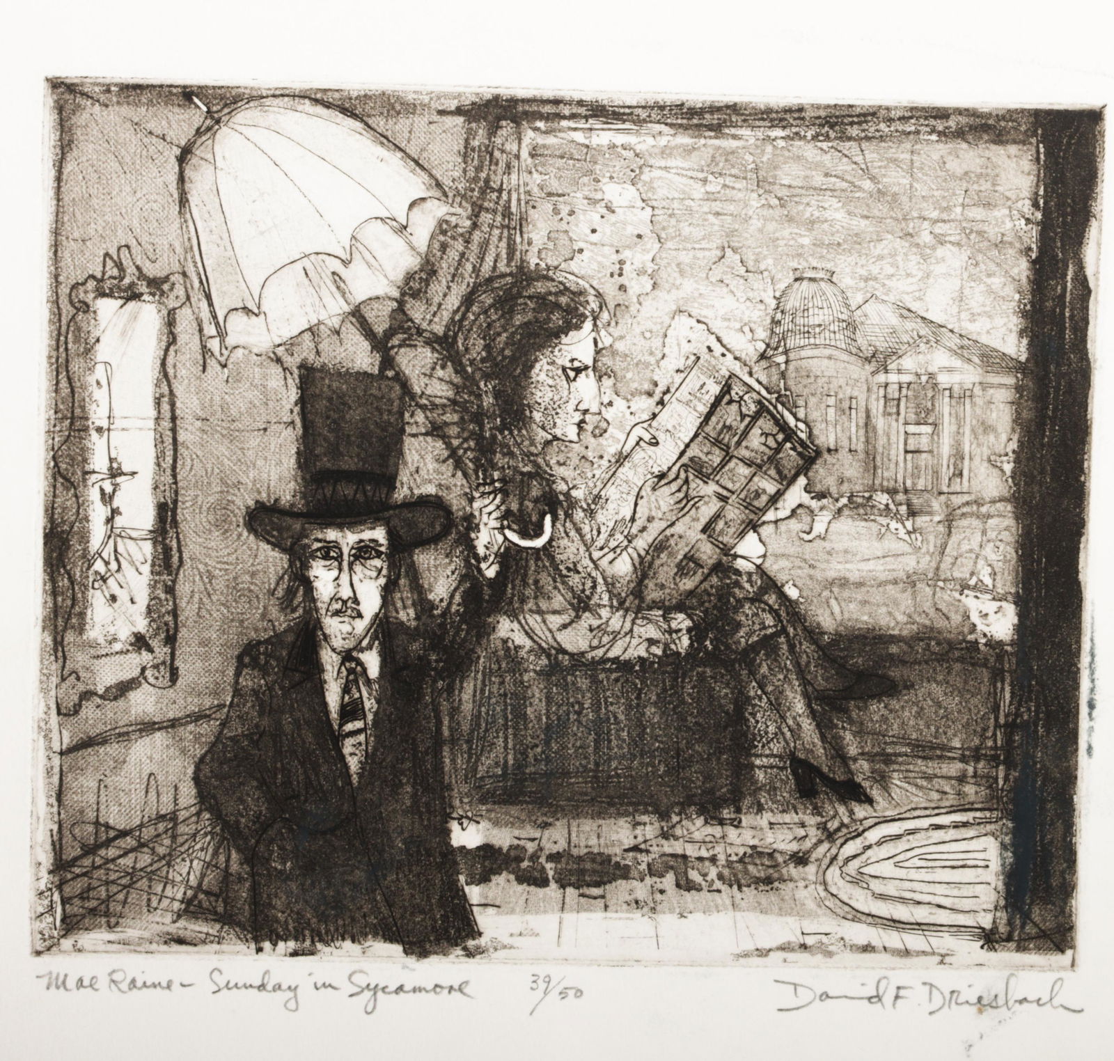 David Frasier Driesbach, Illinois, Wisconsin (b. 1922), Mae Raine - Sunday in Sycamore, etching, 10" (1 of 9)