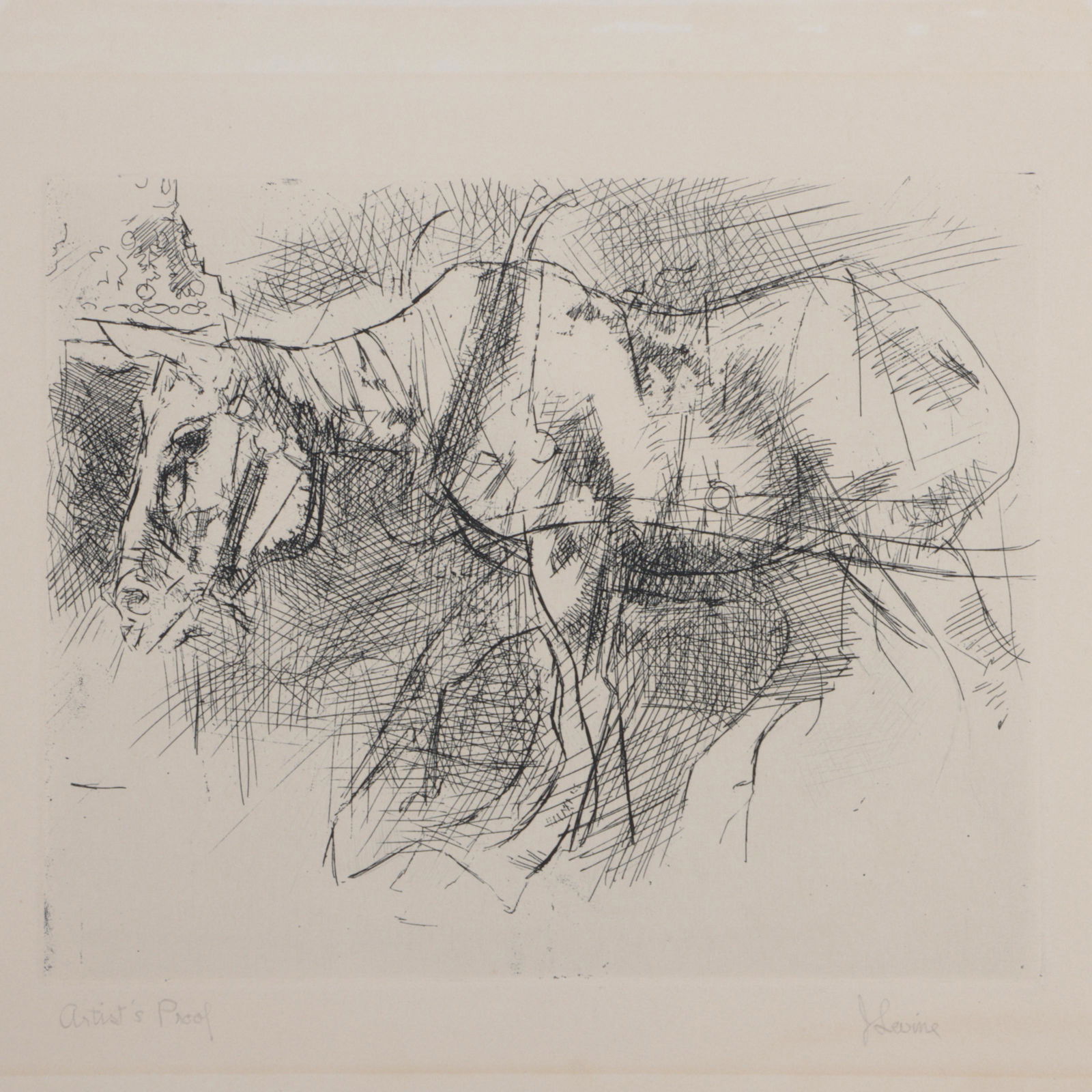 Jack Levine, New York / Massachusetts (1915-2010), The Horse, etching, 15â€H x 21â€W: Jack Levine New York / Massachusetts (1915-2010) The Horse etching Artist's Proof. Signed lower right, titled verso. Biography from the Archives of askART: Born and raised in the south end of Boston,
