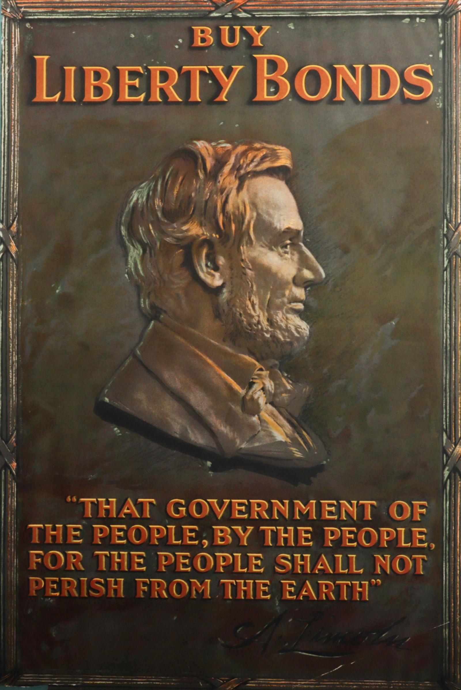 WWI Abraham Lincoln Buy Liberty Bonds poster with Gettysburg Address quote 30" x 20" (sight), 50" x (1 of 10)