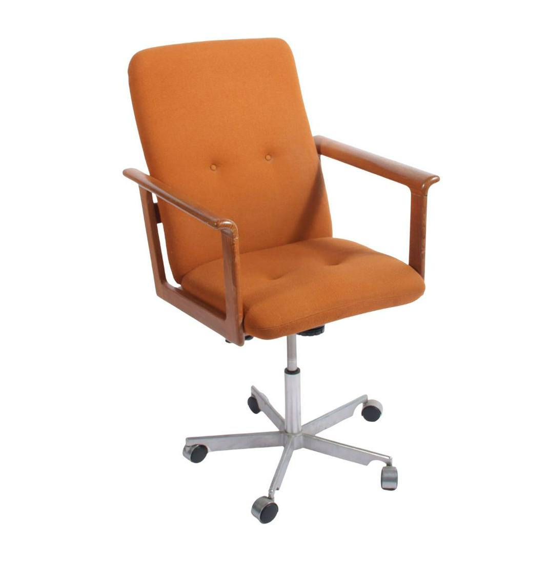 Vintage mid century modern MCM orange upholstered office swivel desk chair with wooden arms 42"H x (1 of 12)