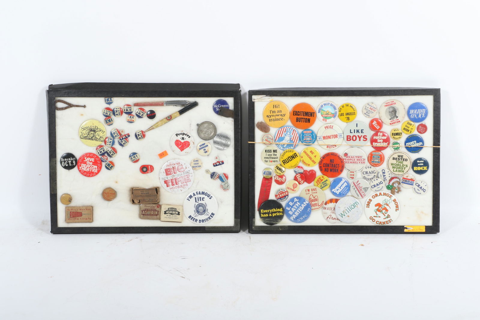 Lot of pin-back buttons and advertising memorabilia: including I Like Ike political buttons, 12: Lot of pin-back buttons and advertising memorabilia: including I Like Ike political buttons, Aspirin metal tin, Miller Lite button, I Like Boys button, Yes I Mind if You Smoke button, Excitement butto