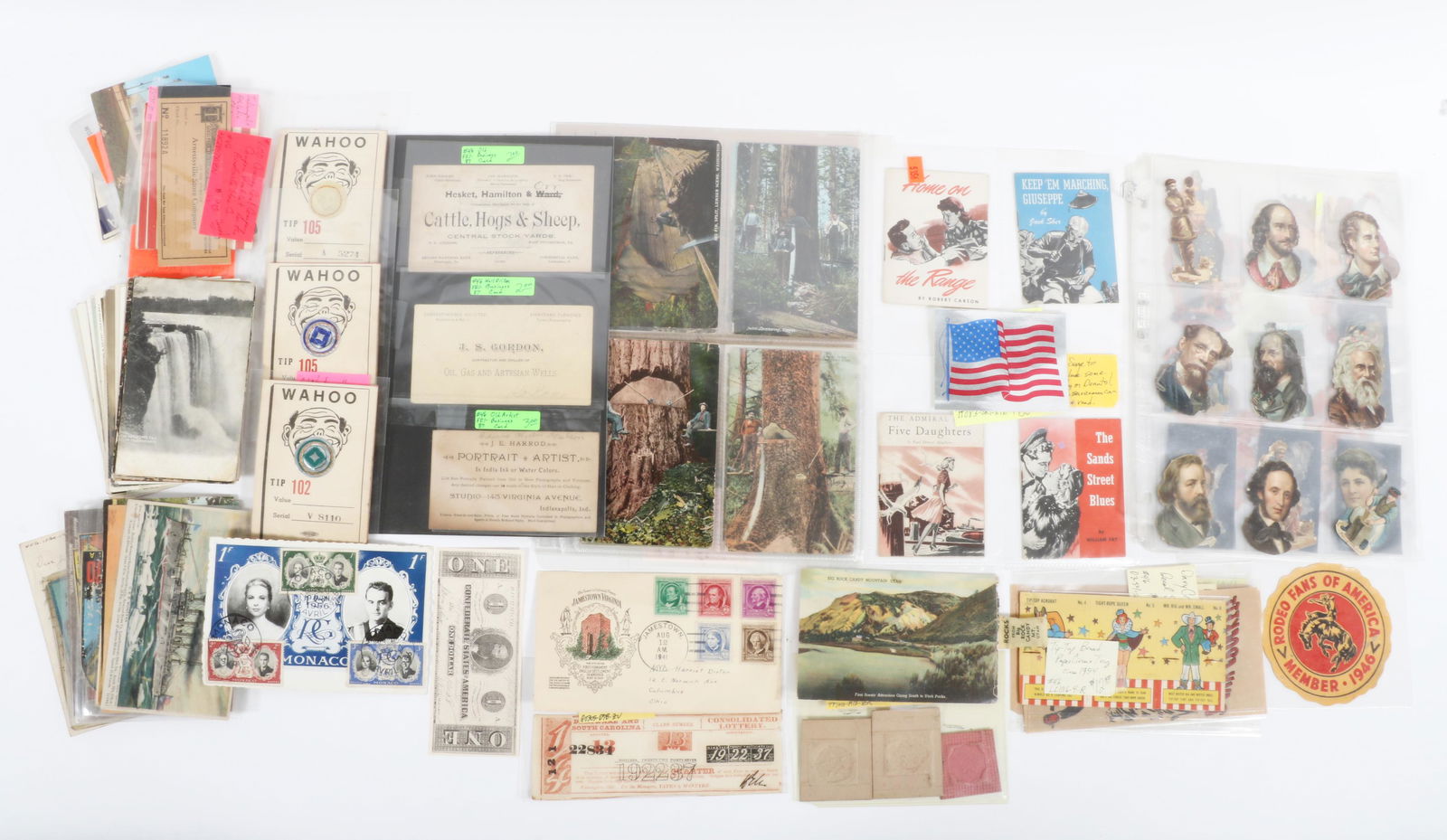 Lot of ephemera: including postcards, game money, antique photographs, Wahoo tip boards, 12"H x 10"W (1 of 10)