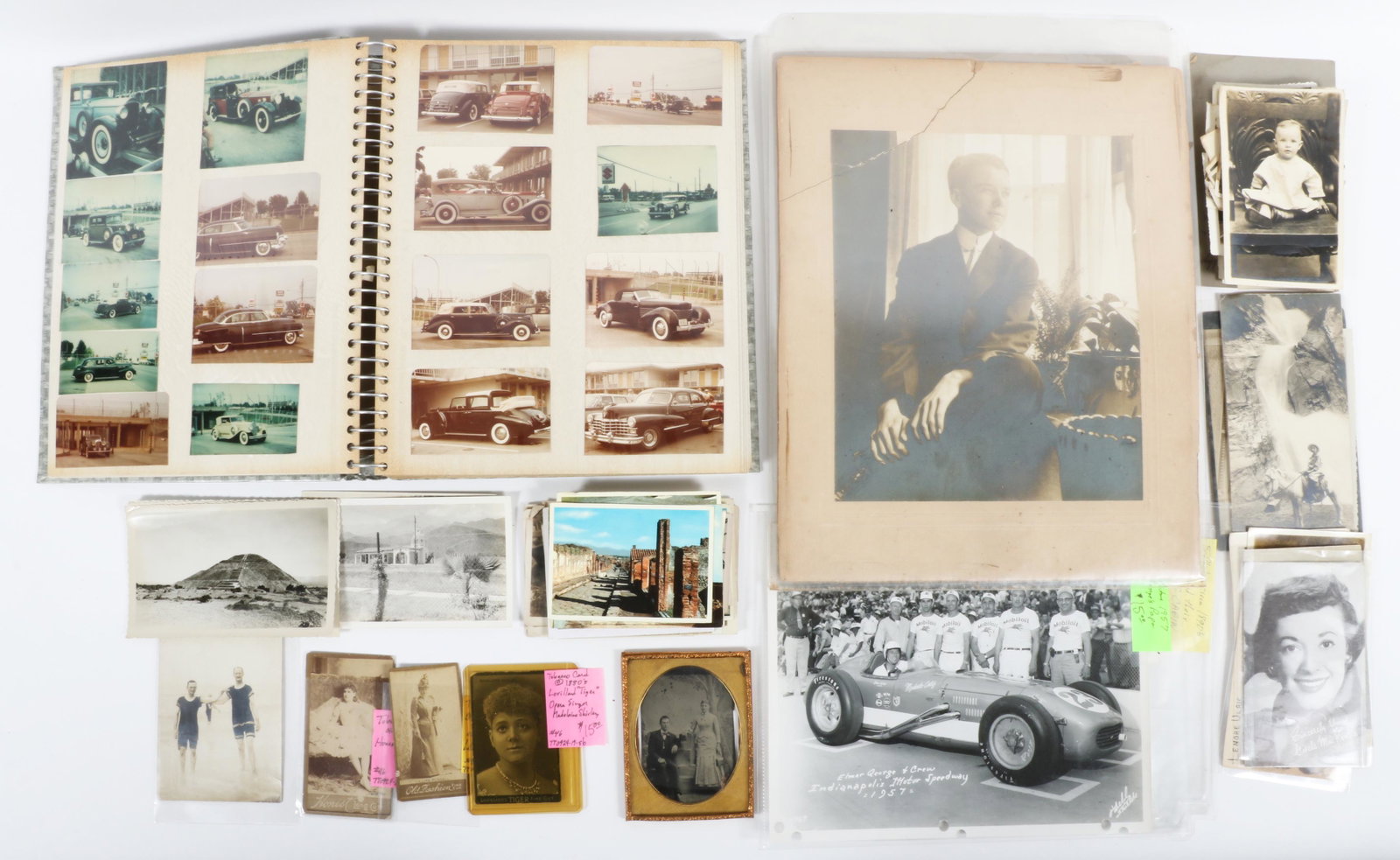 Lot of vintage and antique photographs: Indianapolis Motor Speedway 1950s, 13"H x 11"W (largest): Lot of vintage and antique photographs: Indianapolis Motor Speedway 1950s, vintage cars, landscapes, portraits, log cabins 1890s, Weight and Fortune cards with Hollywood actors, family photos, tin typ